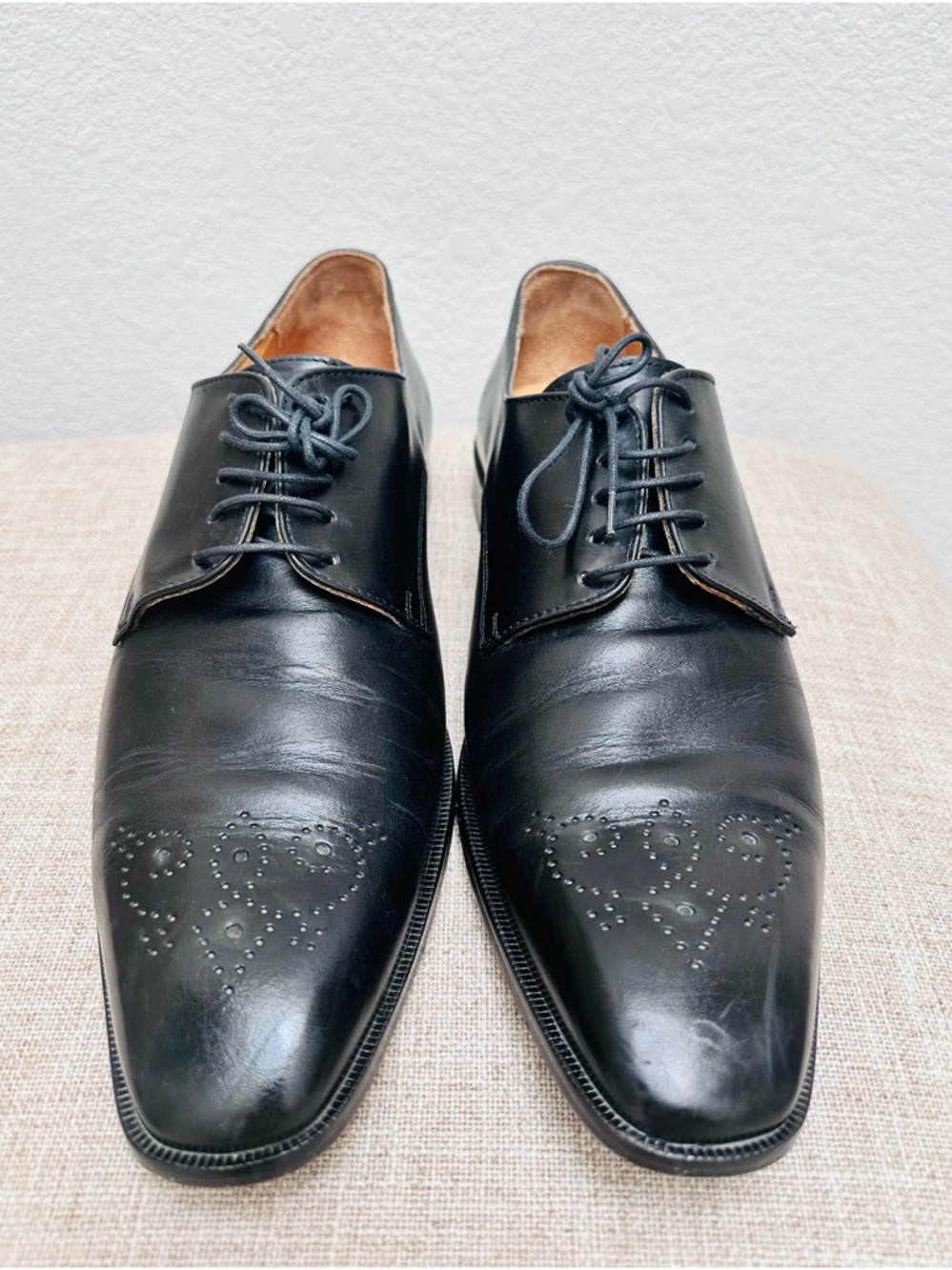 Men's Black Leather Lace-Up Derby with Decorative Toe Perforation